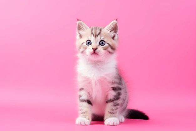 Cute kitten sitting in front of pink background