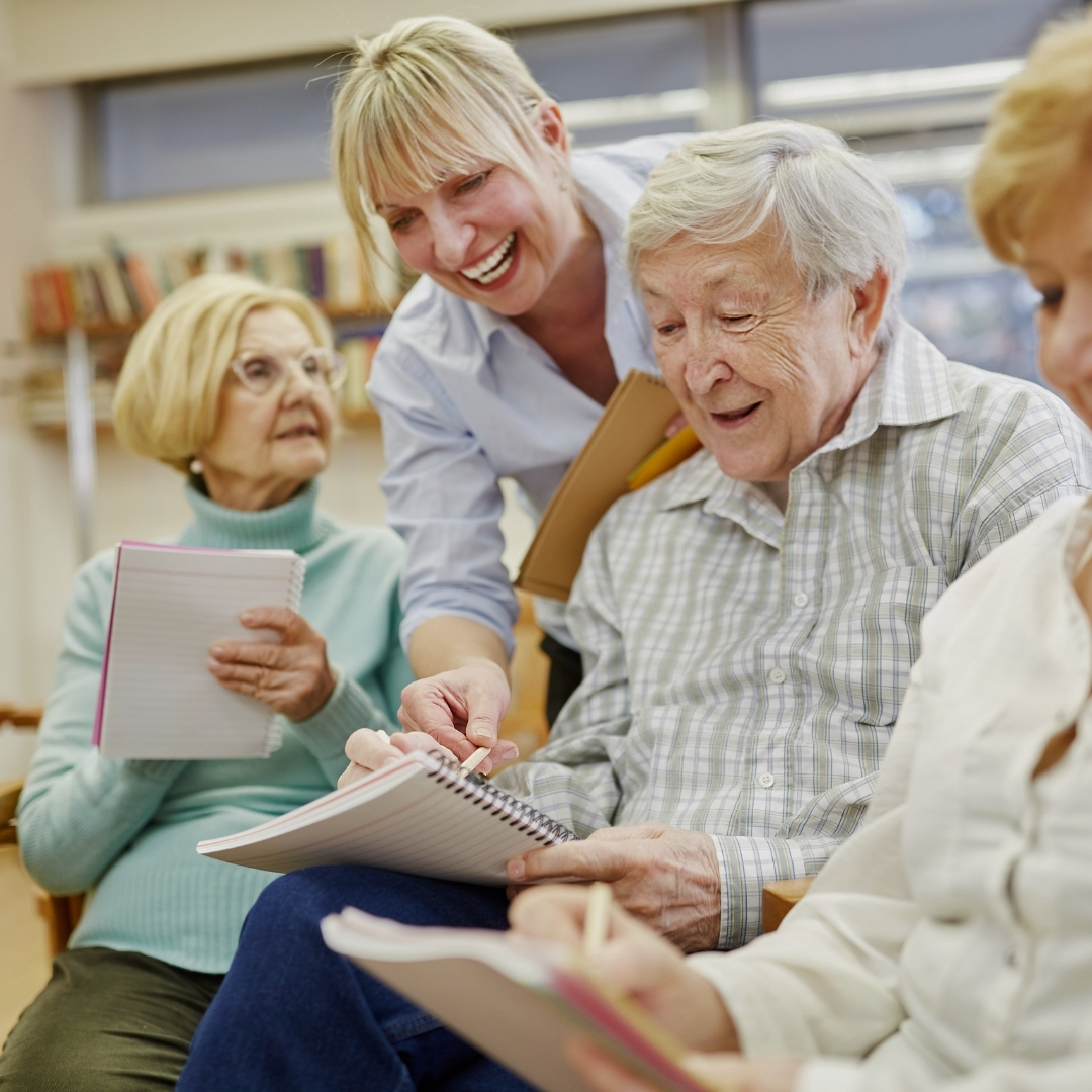 Seniors enjoying activities in a community living space.
